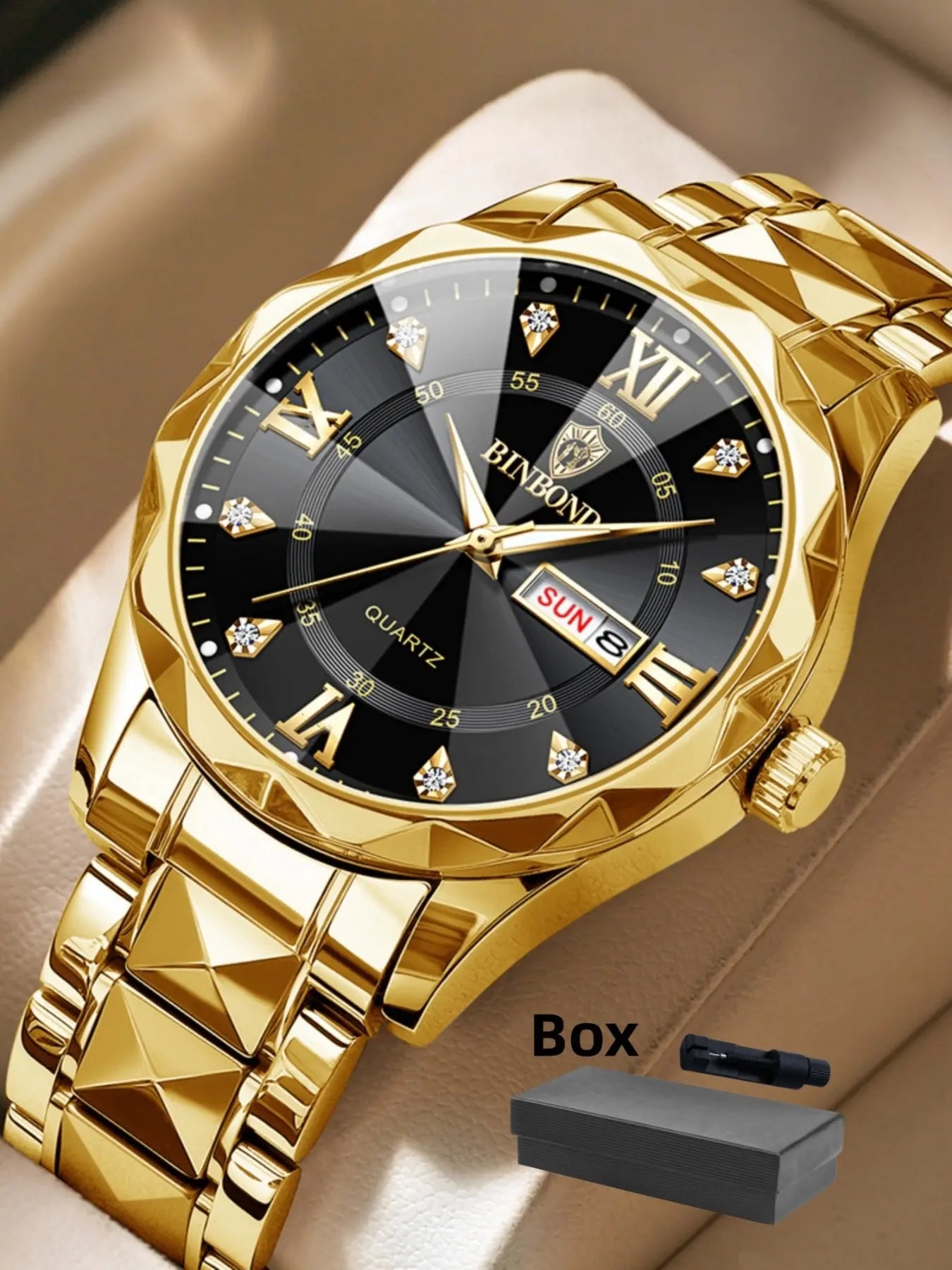 Men's Business Fashion Rhinestone Decor Analog Quartz Watch, Calendrier Waterproof Watch for Party, Daily Decor, Trendy Watch for Birthday Gift with Box, Stainless Steel Wristwatch, Rhinestone Embellished Watch