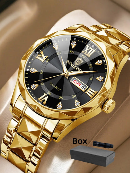 Men's Business Fashion Rhinestone Decor Analog Quartz Watch, Calendrier Waterproof Watch for Party, Daily Decor, Trendy Watch for Birthday Gift with Box, Stainless Steel Wristwatch, Rhinestone Embellished Watch
